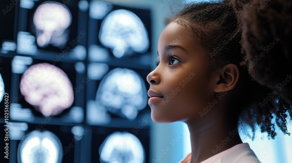 Poster a young girl sitting in front of a computer, analyzing brain scan images