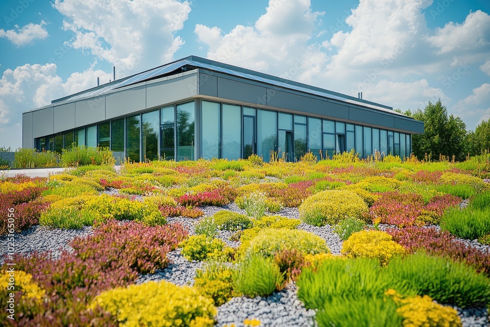 Poster a modern building with a lush green roof covered in various plants, perfect for use as a background 