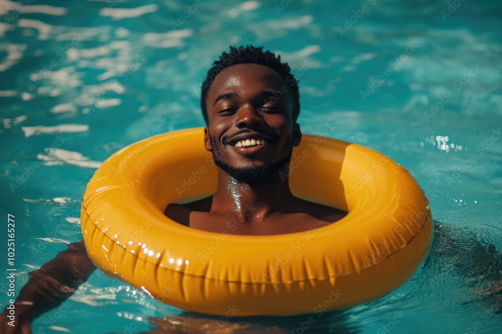 Poster A person enjoying some relaxation time by the pool, using an inflatable ring for support
