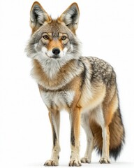 A coyote standing alert with its ears raised, isolated on white background 