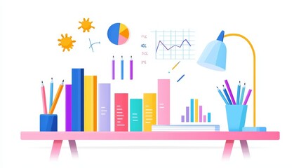Fototapeta premium Colorful Flat Design Workspace with Project Elements