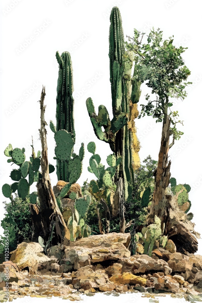 Poster group of cacti perched on top of rocks, unique and desert-like scenery
