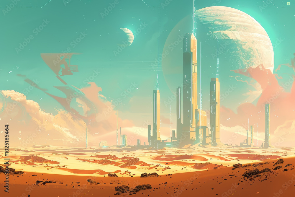 Wall mural A space scene with a large building in the middle of a desert