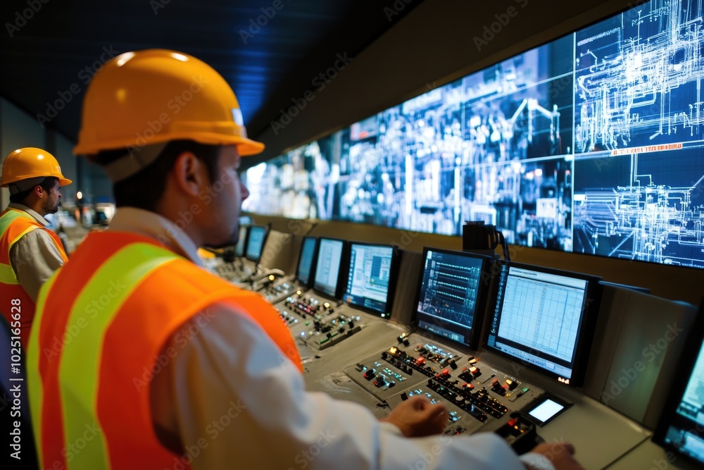 Poster Group of workers in hard hats standing in front of a control panel