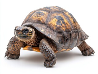 A giant tortoise slowly moving forward, isolated on white background 