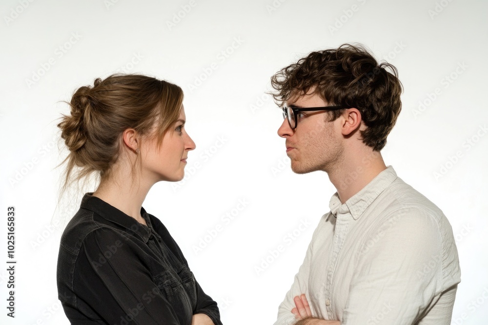 Poster a man and a woman standing side by side in a casual setting