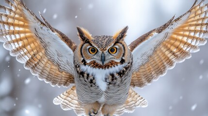 A great horned owl spreading its wings as it prepares to fly, isolated on white background 