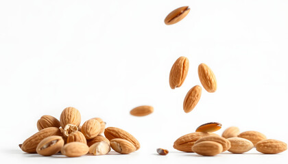 Obraz premium Whole, shelled and blanched almond nuts falling isolated on white background. Vertical drop isolated with white highlights, png