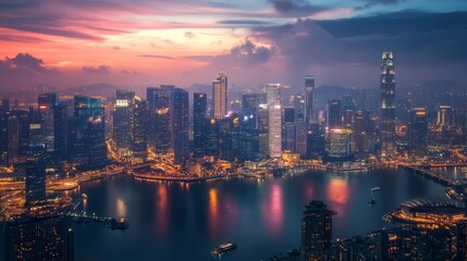Naklejka premium Hong Kong Skyline at Dusk: A breathtaking aerial view of Hong Kong's iconic skyline at dusk, illuminated by the warm glow of city lights reflected in the tranquil harbor waters. The vibrant.