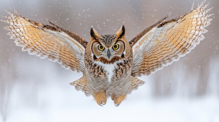 A great horned owl spreading its wings as it prepares to fly, isolated on white background 