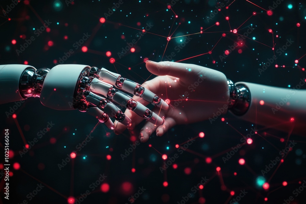 Poster a robot's hand gently touches a human's hand, symbolizing connection and understanding