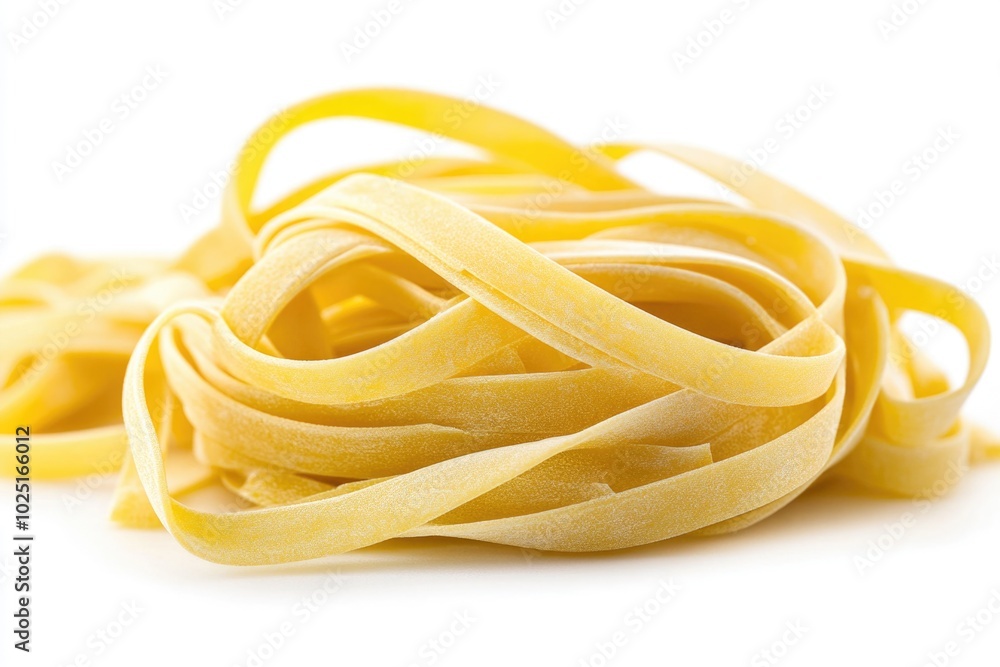 Wall mural A close-up shot of a stack of cooked pasta noodles on a white background, perfect for food photography or illustrations