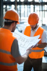 Two individuals stand together examining architectural designs