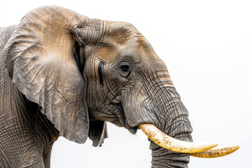 Obraz premium A large elephant with a long tusk is standing in front of a white background