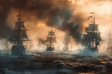 Fototapeta premium A group of ships are in a battle in the ocean