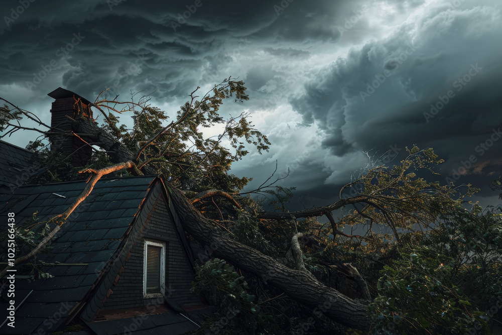 Aufkleber a house with a tree on top of it and a storm in the background