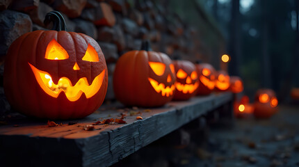 Fototapeta premium Jack-o-lantern, a spooky Halloween pumpkin with a carved face, glows in the dark night