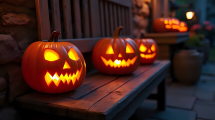 Jack-o-lantern, a spooky Halloween pumpkin with a carved face, glows in the dark night