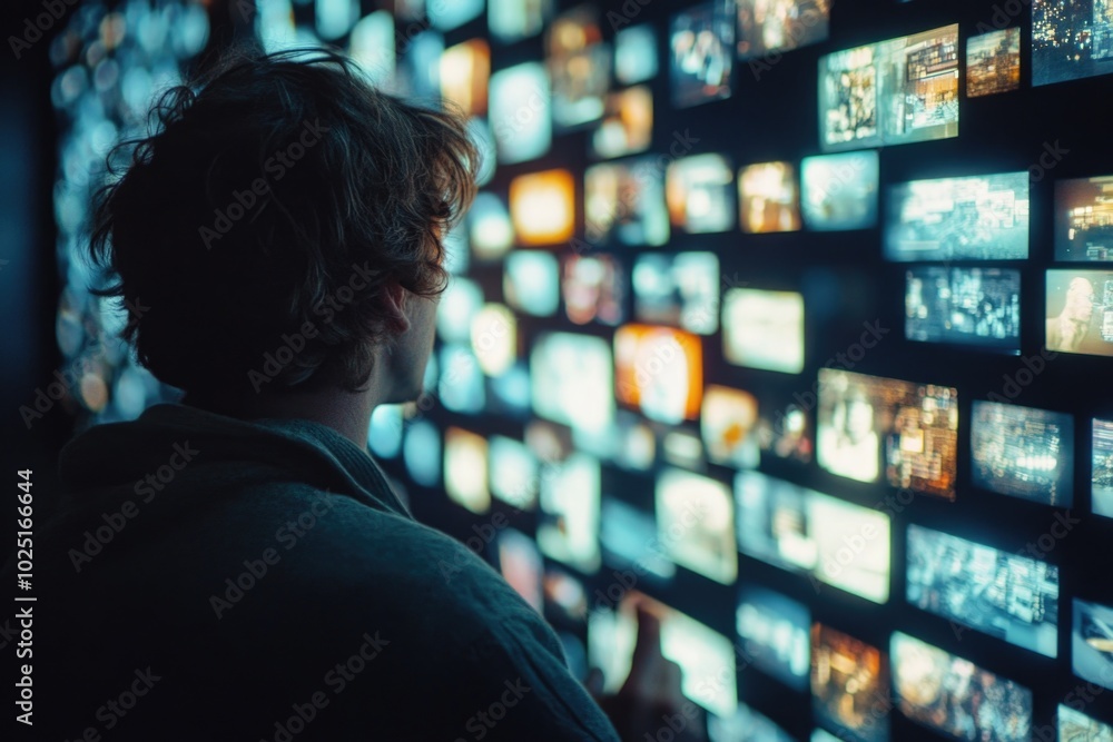 Aufkleber a person standing in front of a wall filled with tvs, suitable for use in media and entertainment-re