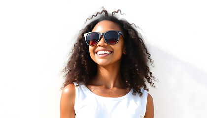 Naklejka premium Young happy pretty African American generation z girl model wearing sunglasses having fun smiling standing at white color wall background outdoors feeling joy looking away enjoying sunny summer day 
