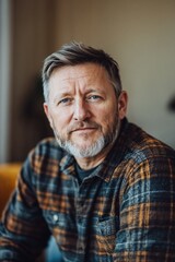Obraz premium Portrait of a confident middle-aged man with a beard wearing a plaid shirt, sitting indoors with a warm expression