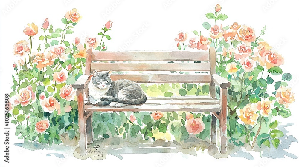 Poster watercolor depiction of a feline resting atop a bench amidst an array of vibrant blooms