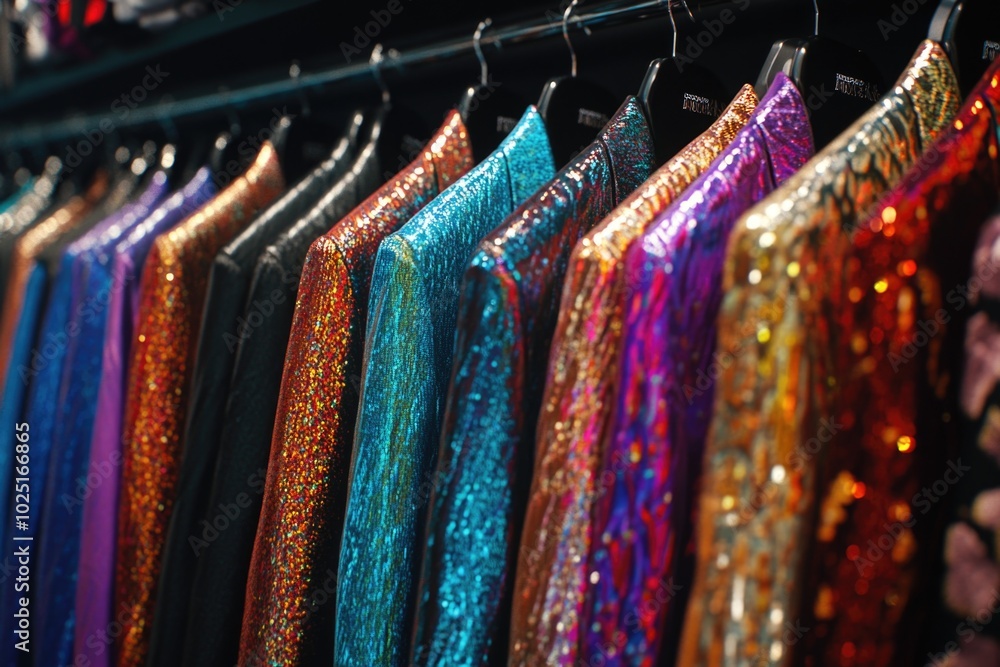 Poster a collection of colorful, shiny dresses on a rack