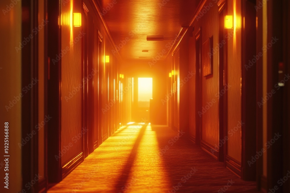 Poster A dimly lit hallway with a single light source at the far end, perfect for representing uncertainty or searching for hope