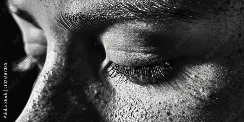 Poster a close-up of a man's eye in monochrome, suitable for use in portraits, illustrations or editorial c