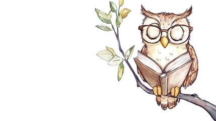 Obraz premium A watercolor illustration depicts an owl wearing glasses and holding a book as it sits on a branch with a twig