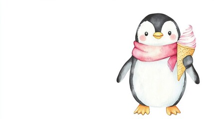 Obraz premium A penguin with an ice cream cone in its beak and a pink scarf around its neck, against a white backdrop