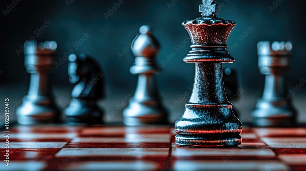 Poster a detailed view of a chess piece on a game board, perfect for use in articles about strategy or game