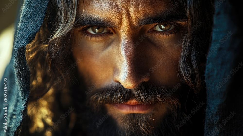 Poster a close-up view of a man with long hair and a beard, great for use in articles or social media profi