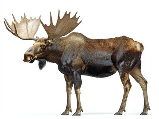 A moose with large antlers standing tall, isolated on white background 