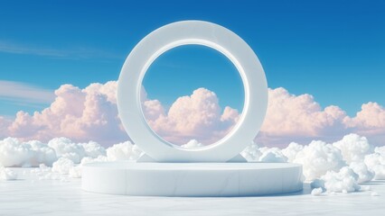 Product display platform. Podium against blue sky and white clouds.