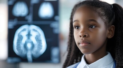 A young girl looks closely at an MRI scan, a detailed image of her inner workings