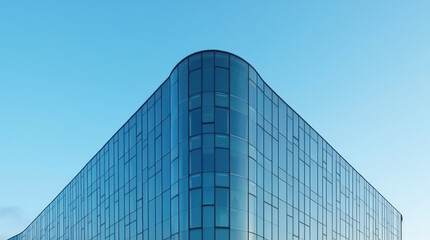 Fototapeta premium Modern Building with Curved Glass Facade Reflecting Sky – Contemporary Architectural Design, Sleek Glass Exterior, and Minimalist Urban Skyscraper