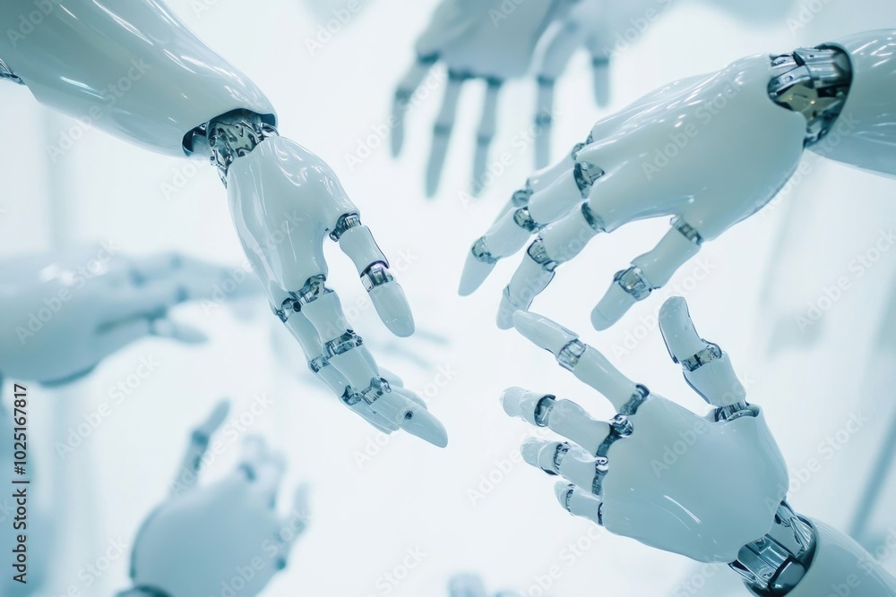 Aufkleber A group of robotic hands reaching towards each other in a futuristic setting