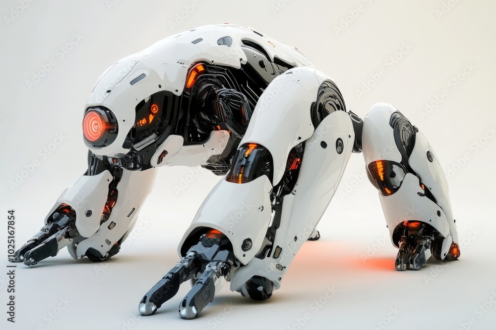 Poster a robotic figure with white and black colors sitting on a tabletop, ideal for use in illustrations, 