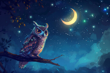 Fototapeta premium A painting of a night owl perched on a branch in front of a crescent moon