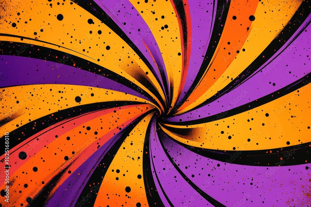 Poster a vibrant swirl design with black dots on a purple and orange background, ideal for use in creative 