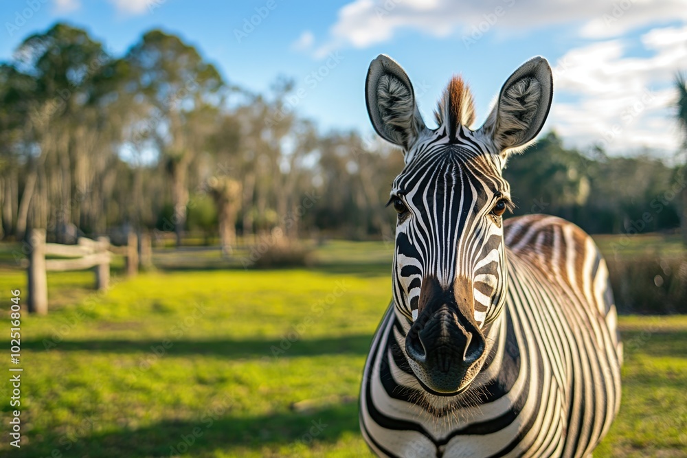 Poster a close-up shot of a zebra grazing in a green field