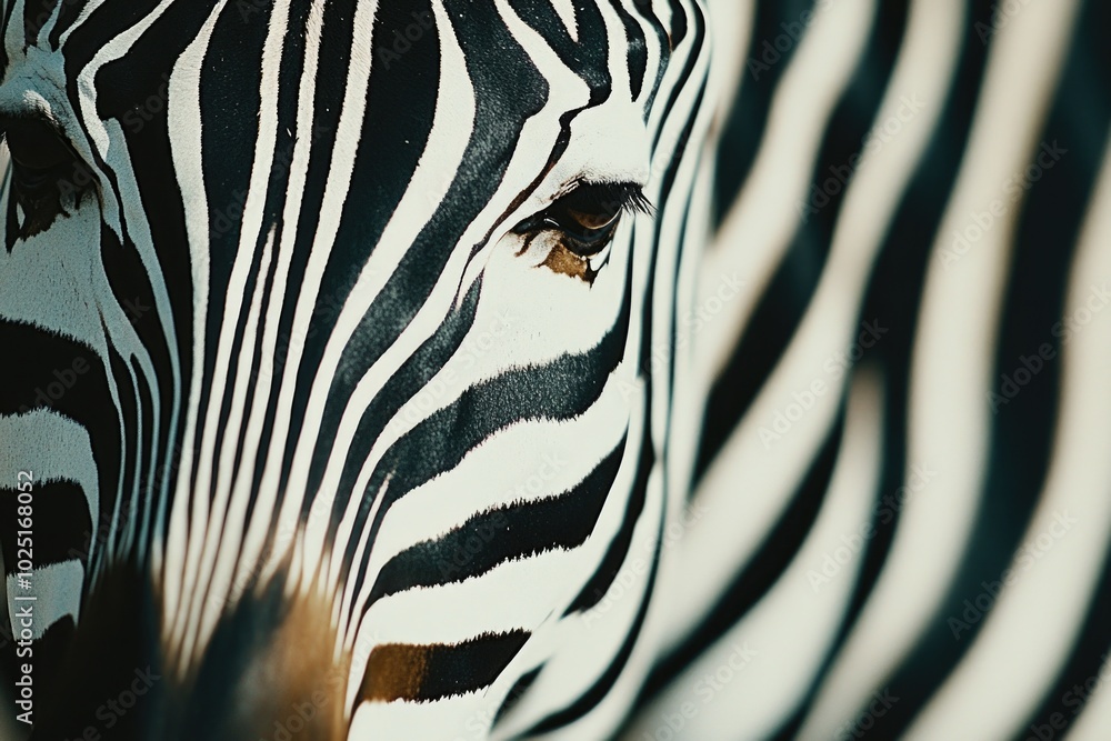 Poster A close-up shot of a zebra's face with a blurred background, perfect for use in designs requiring animal imagery