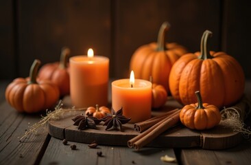 Autumn still life image with lit candles, pumpkins, and various spices on a rustic wooden background.