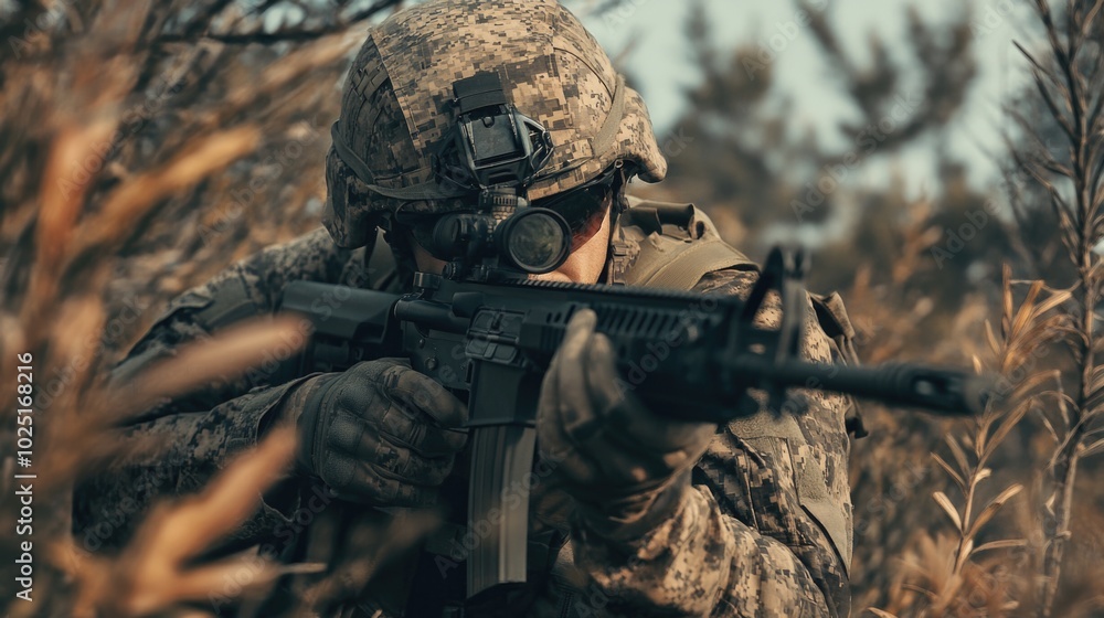 Poster a person in camouflage attire holds a rifle while standing in an open field