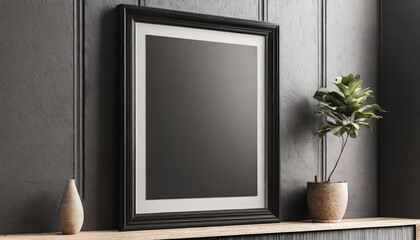 A minimalist interior showcasing a blank black-framed mirror above a wooden shelf with a decorative plant and vase in a stylish room