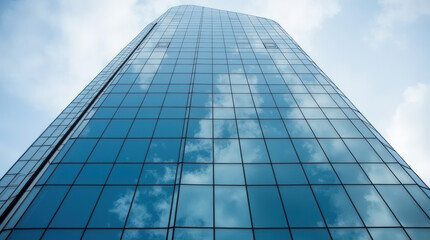 Fototapeta premium Modern Building with Curved Glass Facade Reflecting Sky – Contemporary Architectural Design, Sleek Glass Exterior, and Minimalist Urban Skyscraper