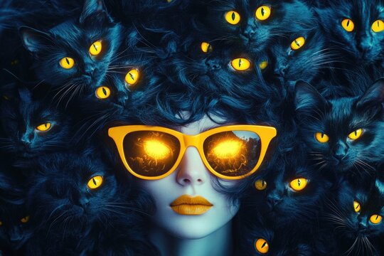 A person wearing yellow glasses and a cat's head, suitable for fantasy or sci-fi themed illustrations