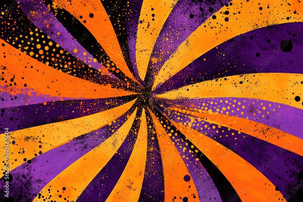 Poster a colorful patterned background featuring orange and purple stripes with black dots
