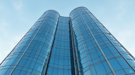 Obraz premium Modern Building with Curved Glass Facade Reflecting Sky – Contemporary Architectural Design, Sleek Glass Exterior, and Minimalist Urban Skyscraper